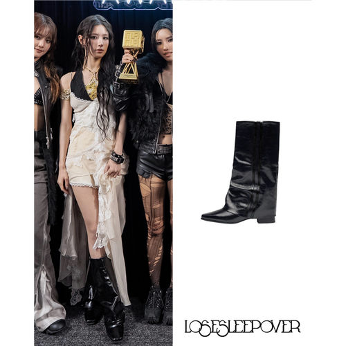 韩国小众品牌LOSESLEEPOVER赵美延chiquita同款环保皮革中筒靴