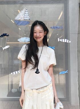 韩国小众品牌MUSED空气感肌理蕾丝边泡泡袖上衣