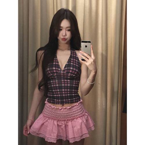 韩国小众品牌SCULPTOR美式甜心辣妹格纹挂脖系带背心