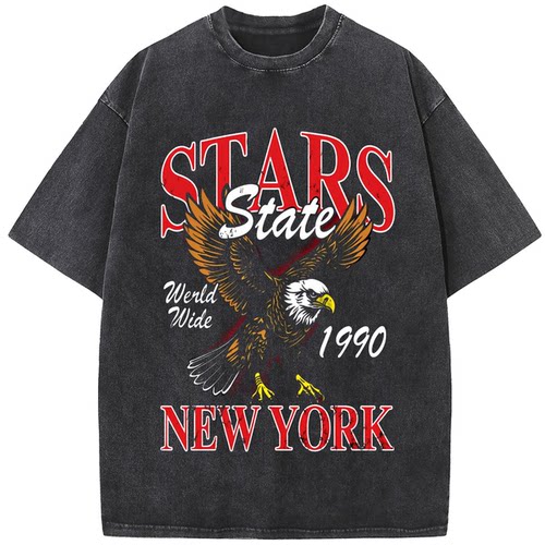 1161做旧NEW YORK老鹰涂鸦印花短袖T恤潮牌宽松男女同款上衣