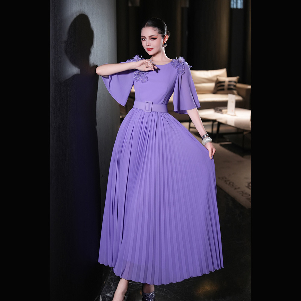 Womens' Dress 法式订立体花压褶连衣裙气质夏季优雅主持人宴会