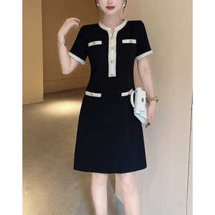 小香风连衣裙女夏季2024新款高级感气质名媛高端精致黑色裙子短袖