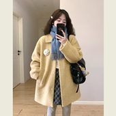 温柔风黄色翻领宽松减龄呢子大衣女冬季 小个子中长款 圈圈毛呢外套