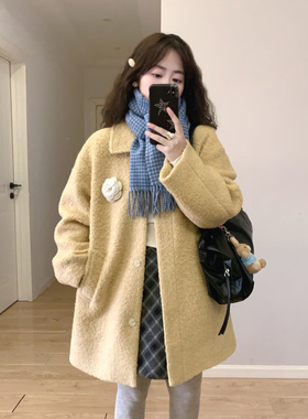 温柔风黄色翻领宽松减龄呢子大衣女冬季小个子中长款圈圈毛呢外套