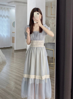 清仓！设计感绝美气质连衣裙女夏季泡泡袖方领收腰显瘦仙女裙长裙