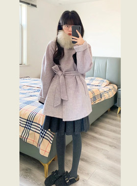 温柔风紫色立领减龄毛呢外套