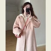 甜美减龄粉色牛角扣呢子大衣女秋冬季 高级感小个子中长款 毛呢外套