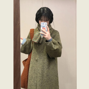 毛呢外套 慵懒风宽松显瘦中长款 复古绿色灯笼袖 呢子大衣女秋冬季