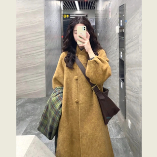 复古秋叶黄灯笼袖毛呢外套女冬季新款韩系慵懒宽松显瘦呢子大衣
