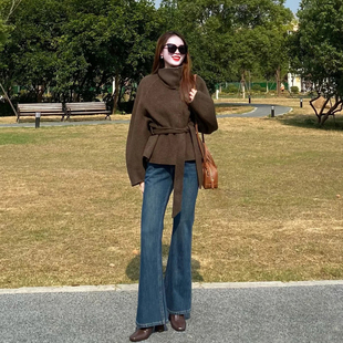 小个子复古棕色立领呢子大衣女秋冬季韩版宽松系带收腰毛呢外套
