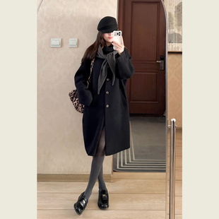 韩系赫本风黑色立领呢子大衣女春秋季中长款显瘦气质通勤毛呢外套