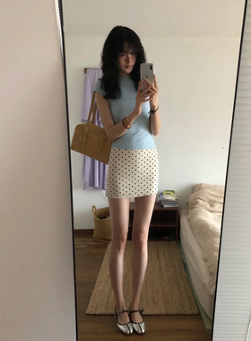 韩系甜美减龄时尚套装女夏季蓝色半高领短袖T恤波点半身裙两件套