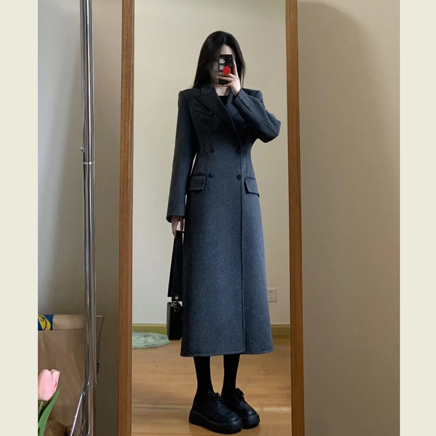 韩系灰色沙漏型收腰呢子大衣