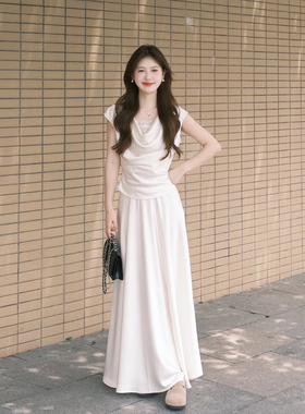 通勤简约时尚白色套装女夏季气质荡领背心上衣高腰半身裙两件套