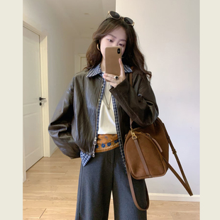 咖色假两件拼接格子衬衫皮衣女春秋季设计感百搭时尚休闲上衣外套