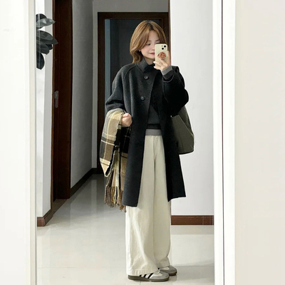 韩系赫本风深灰色立领呢子大衣
