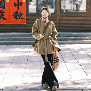 复古简约驼色立领呢子大衣女秋冬季韩系小个子中长款系带毛呢外套