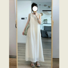 韩系简约杏白色无袖连衣裙女夏季新款慵懒风前后两穿宽松显瘦长裙