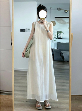 韩系简约杏白色无袖连衣裙女夏季新款慵懒风前后两穿宽松显瘦长裙