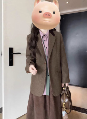 复古棕绿色西装毛呢外套