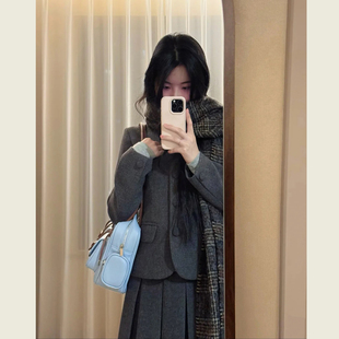 韩系学院风花灰色毛呢套装女秋冬季短款呢子外套高腰百褶裙两件套