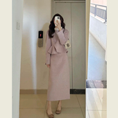 温柔风粉色减龄毛呢套装 外套半身裙两件套 名媛风短款 女秋冬季 法式