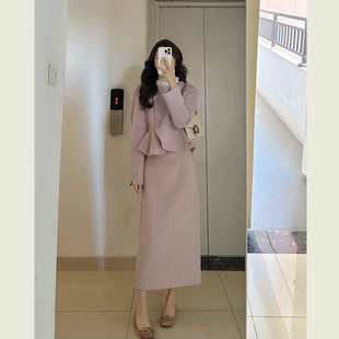 名媛风短款 法式 外套半身裙两件套 女秋冬季 温柔风粉色减龄毛呢套装