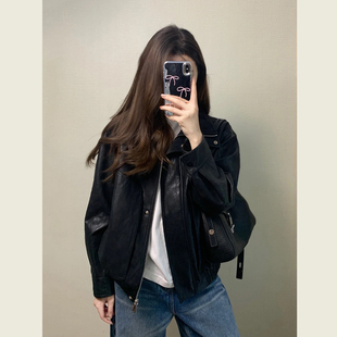 韩系黑色立领宽松皮衣外套女春秋季 小个子立领机车风PU皮夹克上衣