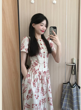 法式釉里红枝叶印花连衣裙女夏季新款通勤绝美收腰显瘦短袖长裙