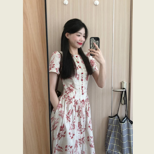 法式釉里红枝叶印花连衣裙