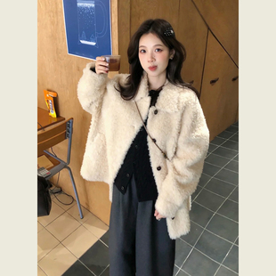 温柔风燕麦米色圈圈毛外套女秋冬季小个子名媛气质通勤毛呢外套