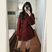 新年战袍中长款 红色毛呢外套女秋冬季 高级感气质显瘦收腰呢子大衣