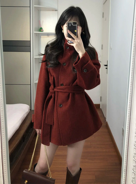 新年战袍中长款红色毛呢外套女秋冬季高级感气质显瘦收腰呢子大衣