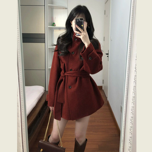 新年战袍中长款红色毛呢外套女秋冬季高级感气质显瘦收腰呢子大衣