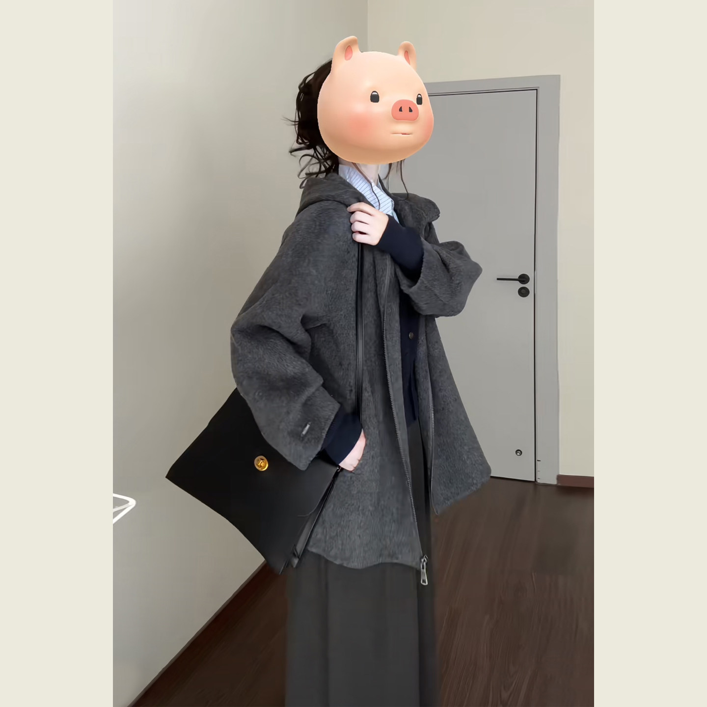韩系学院风灰色连帽呢子大衣女秋冬季小个子宽松休闲百搭毛呢外套