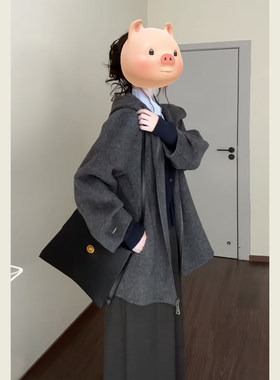 韩系学院风灰色连帽呢子大衣