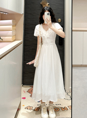 清仓！温柔风荷叶领连衣裙女夏季新款法式泡泡袖收腰显瘦白色长裙