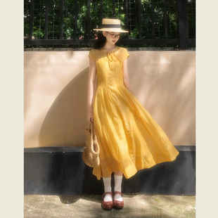 法式温柔风黄色系带领连衣裙女夏季小个子甜美减龄收腰显瘦长裙