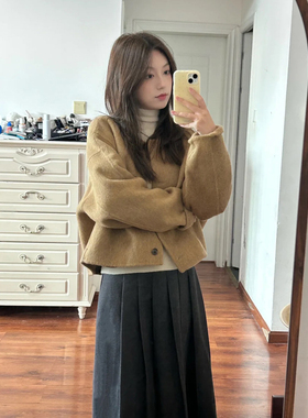 韩系复古棕黄色圆领毛呢大衣女秋冬新款小个子宽松休闲呢子短外套