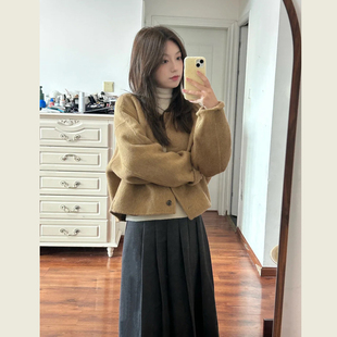韩系复古棕黄色圆领毛呢大衣女秋冬新款小个子宽松休闲呢子短外套