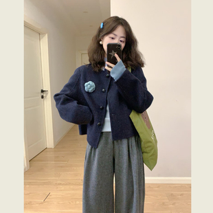 深藏青色圆领单排扣毛呢外套女秋冬季小个子宽松显瘦短款呢子大衣