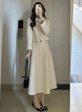 高级感小香风白色短款毛呢外套A字半身裙气质名媛高端两件套