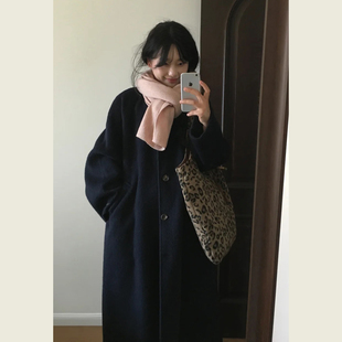 小个子深藏青色单排扣毛呢大衣女秋冬韩版宽松休闲中长款呢子外套