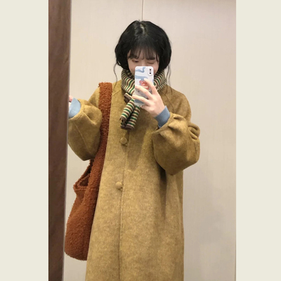复古秋叶黄灯笼袖毛呢外套