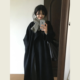 黑色系带长款毛呢外套女秋冬季韩系通勤风气质收腰显瘦呢子大衣