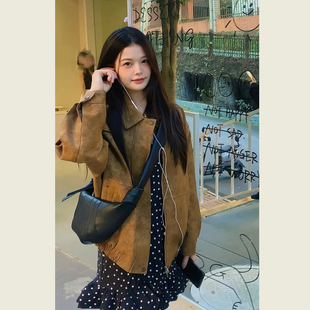 美式 复古棕色麂皮绒外套女春秋高级感宽松翻领休闲百搭夹克上衣潮