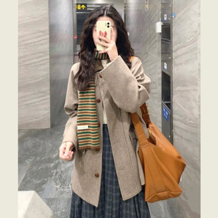 韩系高级感复古气质毛呢外套女冬季小个子撞色凭借中长款呢子大衣