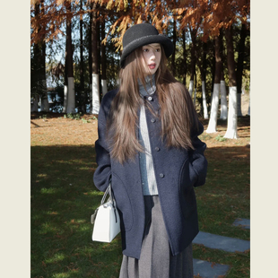 法式藏青色圆领呢子大衣女秋冬季小个子宽松气质中长款毛呢外套