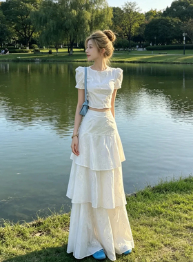 甜美温柔风白色减龄套装女夏季衬衫短袖上衣高腰蛋糕半身裙两件套