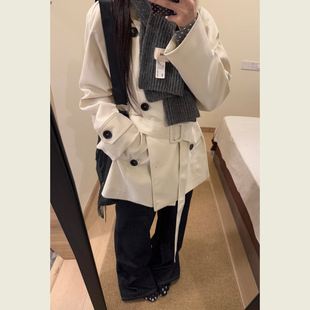 英伦风米杏色翻领双排扣风衣女春秋季简约通勤风收腰系带休闲外套